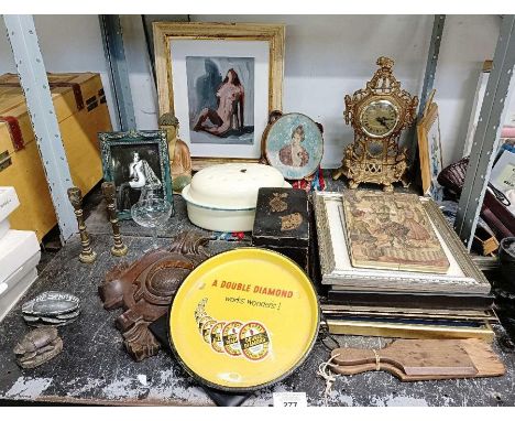 Nude oil painting of a female, enamel casserole dish, brass candlesticks &amp; other collectables