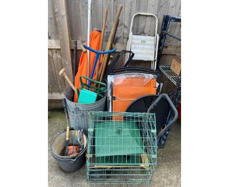 Large collection of hand tools, galvanized bin, sack truck, garden chairs etc