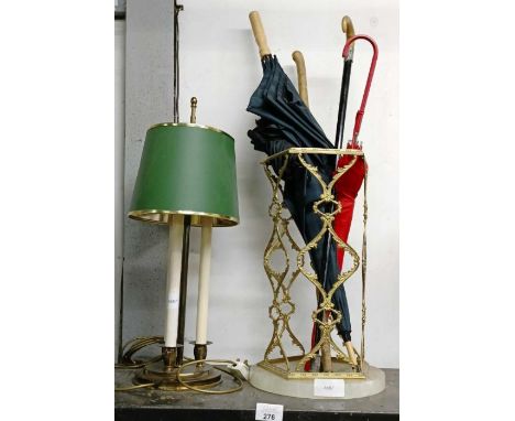 Hard stone &amp; metal umbrella rack with umbrellas &amp; walking sticks along with a decorative desk lamp