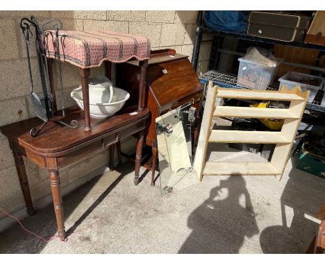 Furniture to include a mahogany bureau, painted pine open bookcase, ebonised standard lamp etc