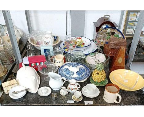 Carved wood trinket boxes, a metronome, large ceramic bowls, Willow pattern tureen, cheese dish, glassware etc