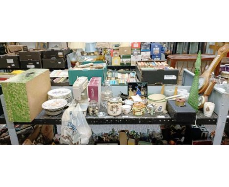 Collectables to include a large green genie bottle glass decanter, Singer sewing machine, barometers, Art Deco picture frames