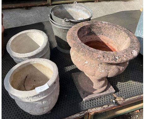 Galvanized buckets, urn planter &amp; 2 reconstituted stone plant pots