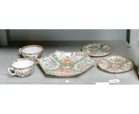 Collection of Cantonese ceramics including teacups, saucers &amp; a plate