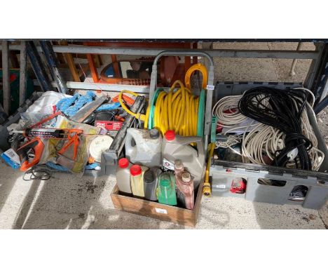 Garage equipment to include tools, wiring, hose reel etc