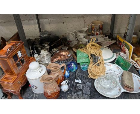 Copper moulds, glass paperweights, Art Deco style plaster figure of a lady, jewellery box in the style of a dresser etc