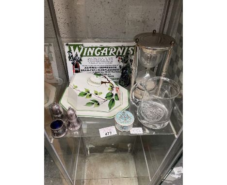 Wincarnis enamel sign, Deltonware cheese dish, Mdina glass sea horse, sand timer and other collectables