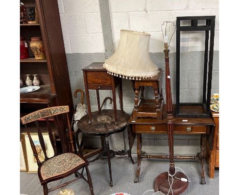 Collection of furniture to include a reproduction sofa table, painted standard lamp, glass/wood pot stand and other items