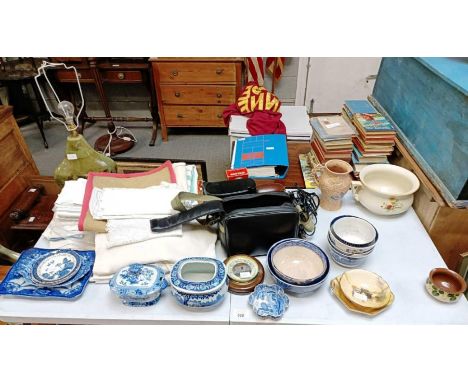 Various blue and white china, studio pottery stoneware lamp, cameras and vintage linen