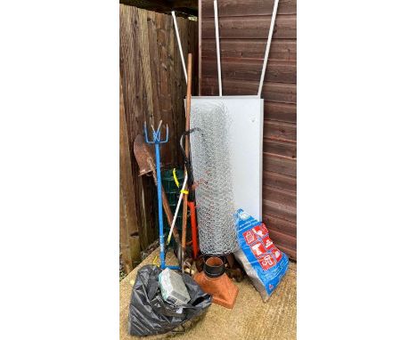 Garden tools, roll of fencing, sack truck &amp; other items