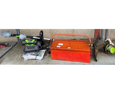 Metal toolbox including tools along with a battery powered strimmer