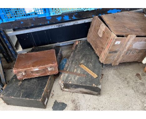 2 carpenters trunks including tools, wooden box &amp; a vinatge suitcase