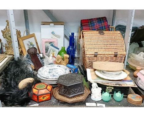 Wicker picnic basket, Caithness paper weight, glassware &amp; other items