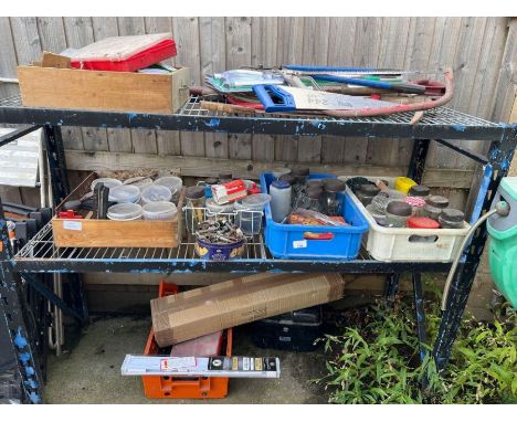 Large collection of garage equipment including bolts, screws, hand tools &amp; other items