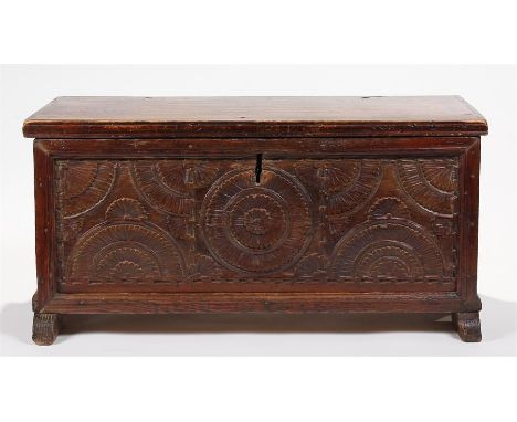 18th Century fruitwood and pine coffer, of small proportions, the rectangular top enclosing storage space and a candle box, t