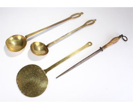 Group of metal ware, to include two brass basting ladles, a brass skimmer and a steel and horn sharpening steel by Gregory, l