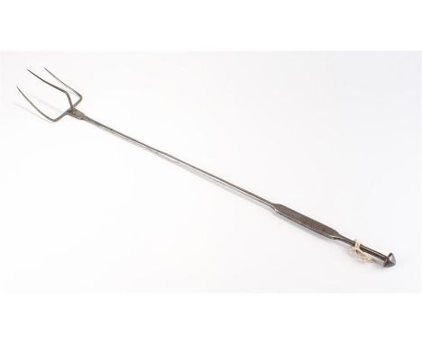 Unusual 18th Century steel toasting fork, with two prongs level with the stem a further prong raised above, 63cm long
