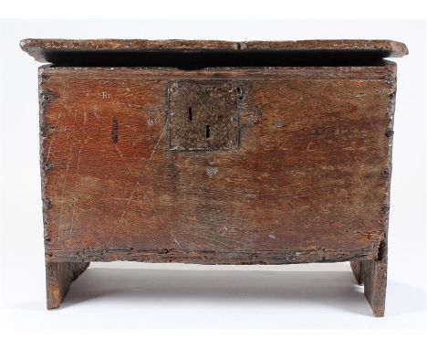 Rare 16th Century oak "Witches or Spirits" coffer. The rectangular top with iron fittings enclosing storage space, the front 