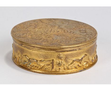 Early 19th Century gilt brass snuff box, the lid with foliate engraved decoration, the side with a raised design of hunting d