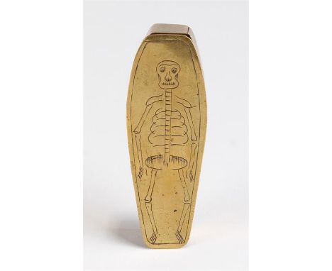 19 Century novelty brass coffin snuff box. The box in the form of a coffin with engraved skeleton to the lid, 7.5cm long
