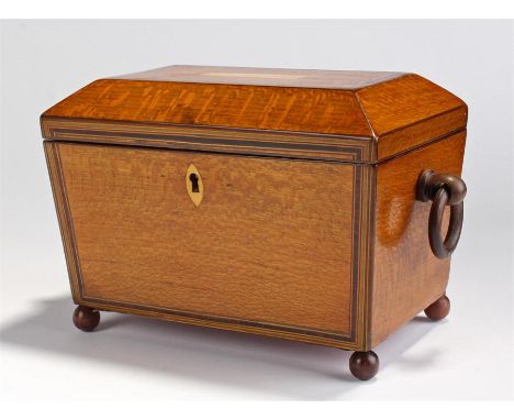 William IV oak tea caddy, the sarcophagus shaped caddy with rosewood, boxwood and harewood banding, conforming banding to the