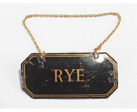 Early 19th Century enamel Rye whiskey label, the black enamel label with gold border and Rye also in gold, 57mm wide