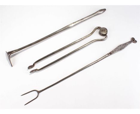 George III steel pair of tongs, together with an iron scrapper and flesh fork, size range 36cm to 53cm long