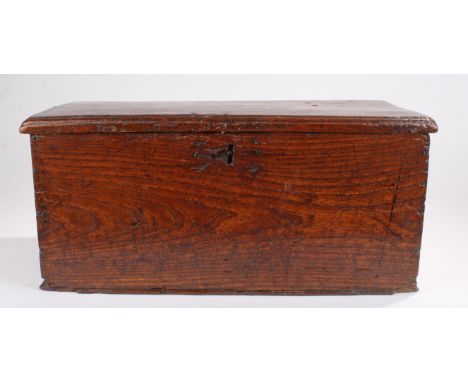 Early 19th Century elm box, the rectangular top above panel sides and base, 50cm wide, 24cm deep, 23cm high