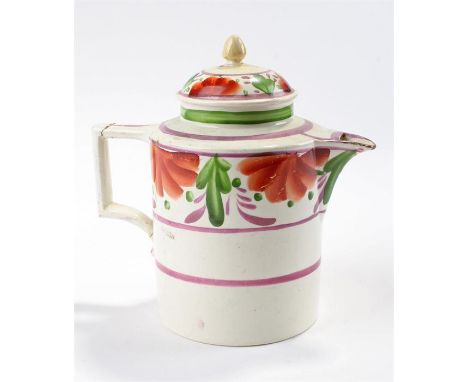 19th Century creamware Wedgwood teapot, circa 1850, decorated with flowers and lines, 14cm high, from the Geoffrey Fisk Colle