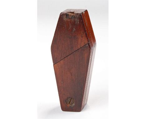 19th Century mahogany novelty puzzle snuff box, in the form of a coffin, the dual puzzle lid opening to reveal a snuff compar