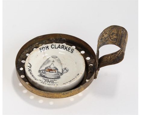 Victorian Clarkes night light stand, loop handle and transfer decorated dish, 11cm deep