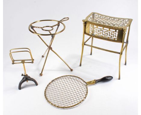 19th Century brass footman, together with folding stand, a mesh ladle and a brass and iron stand (4)