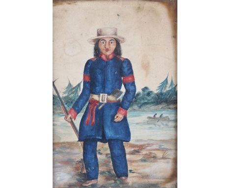 Rare 19th Century primitive watercolour, of an American Indian tracker, the figure dressed in blue with an axe to his belt an