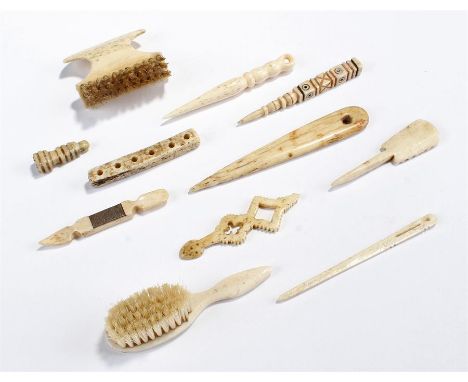 19th Century bone tools, to include brushes, a counter, stylus, nail file and pick, pierced spoon (qty)