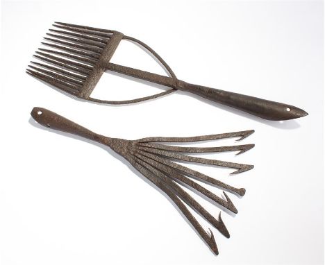Large 18th Century wrought iron eel fork / gleave, with thirteen prongs and a long shaft, 62.3cm long, together with another 