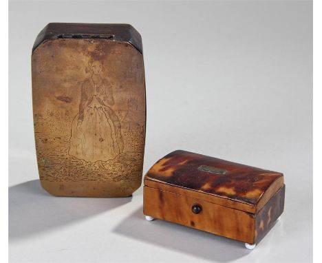 Late 18th Century table snuff box, with a hinged brass lid engraved with a female figure, together with a 19th Century tortoi
