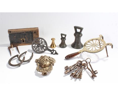 19th Century lock, together with large keys, two bell weights, a door knocker and trivets, (qty)