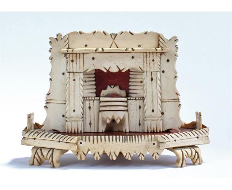 Napoleonic prisoner of war bone model, of a fire place and mantel, raised on a conforming stand, 22cm wide, 16cm high