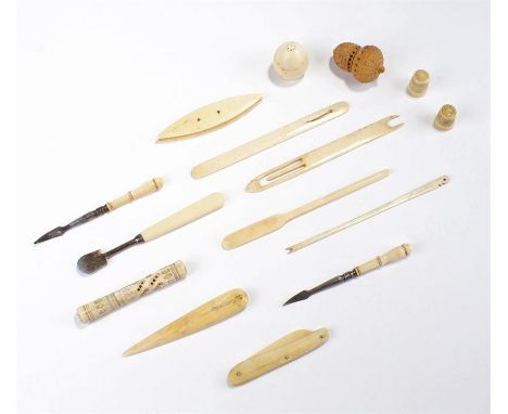 19th Century bone and ivory items, to include thread spools, a thimble case, various steel tools, a needle case, etc (qty)