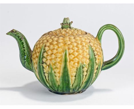 Rare and charming 18th Century Staffordshire creamware `pineapple` teapot and cover, circa 1775 naturalistically modelled as 