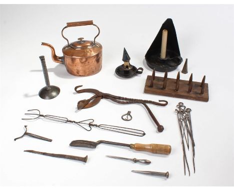 Two tin chamber sticks, together with a copper kettle, a hooked fire light, various metal ware (qty)  