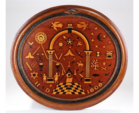 Fine George III mahogany and inlaid Masonic panel with inlaid birch, satinwood and ebony with various Masonic symbols housed 