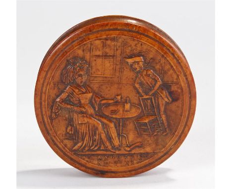 Late 18th Century French pressed burrwood snuff box, the lid showing a drinking scene with a seated lady holding a cup, a man