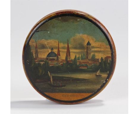 19th Century papier maché snuff box, with a townscape scene titled Oxford,  faux grained box, 8cm wide