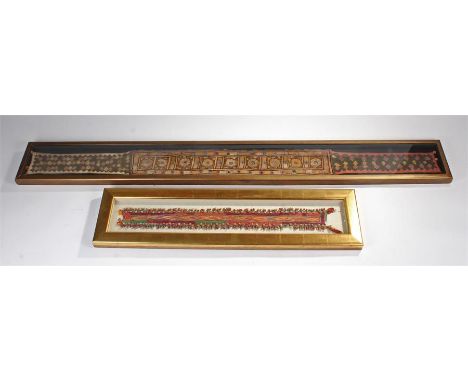Two pieces framed 19th Century North Indian textiles, the first with stylised flowers, 155cm long and the second with an arro