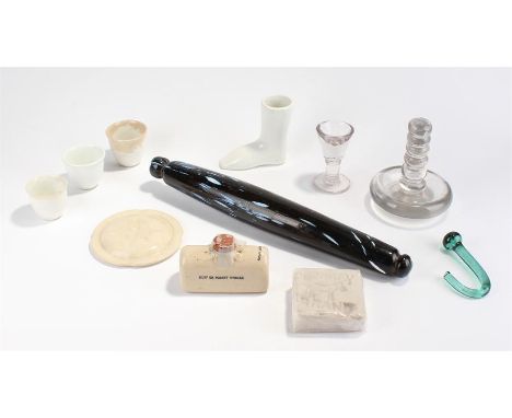 Nailsea glass rolling pin, together with a glass penny lick, a glass hook, a pottery boot, a pocket warmer, etc (qty)