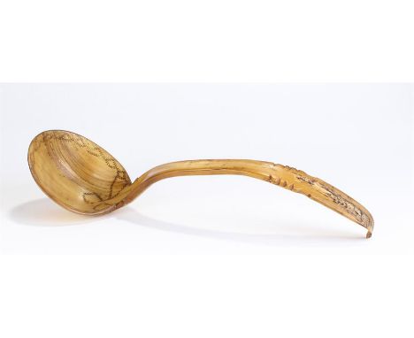 Horn ladle, with an etched bowl and wide ladle bowl, curve handle, 35cm long