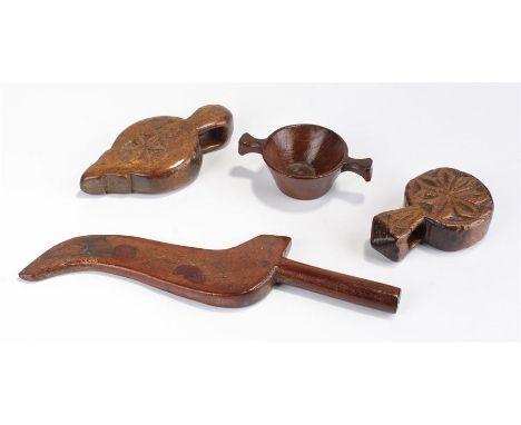 19th Century elm Scottish quaich of typical form, together with two carved late 18th Century pulleys, and a 19th Century maho