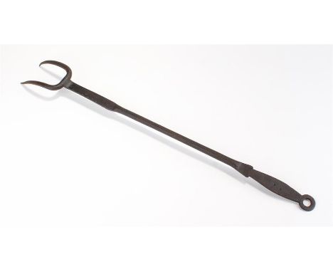 Early 19th Century iron toasting fork, initialled with the makers mark FP. Loop end and two prongs, 58cm long
