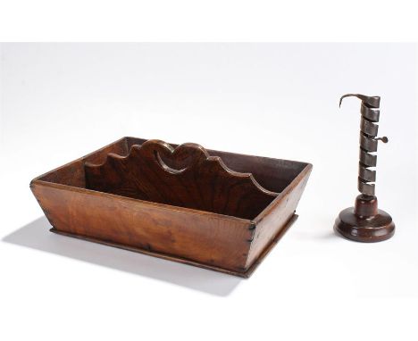 Early 19th Century elm cutlery tray with an undulating central handle divide, 34cm long, together with a spiral candlestick o